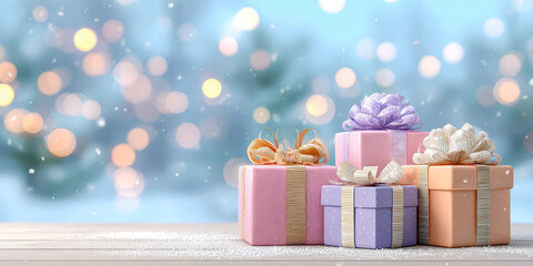 Colorful wrapped gifts sit cheerfully under soft falling snow in a festive winter wonderland scene