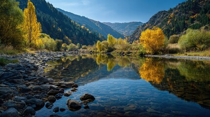 Autumn landscape in a national park colorful foliage mountain backdrop clear blue sky calm river reflections