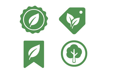 Eco friendly green label vector icon set. Natural, organic, bio food product sticker with leaf and tree symbol. Vegan certified quality seal, badge, and tag illustration.