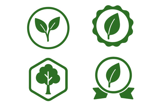 Natural label icon vector set with leaf and tree symbols. Certified organic sticker. Eco friendly, bio, vegan food package seal. 100% fresh product guarantee badge.