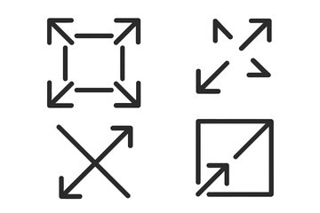 Expand, resize, full-screen icon collection. Vector symbols for maximizing, minimizing, and scaling. UI UX design elements for web, mobile app. Arrows for zoom out, fit to screen.