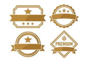 Golden premium quality seal and limited edition badge set. Vector illustration of exclusive award emblems with stars and ribbons. Guarantee label and certificate design elements.