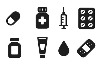 Medical icon set. Healthcare pictograms. Pharmacy and medicine symbols. Pill, capsule, drug bottle, syringe, injection, tablet blister pack, ointment tube, blood drop, plaster.