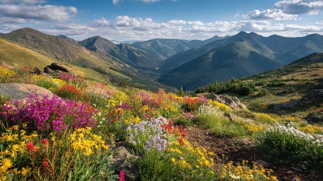 Mountain landscape with wildflowers in foreground vibrant spring colors scenic hiking trail natural beauty ideal for tourism and travel