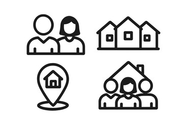 Neighbor and neighborhood icon set. Community, family and couple symbols. Real estate location pin with house. People living together in a suburb. Vector line icons.
