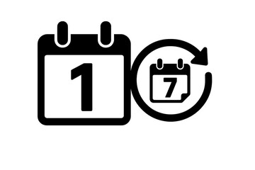 Calendar icon for a one-week period. 7-day countdown or weekly cycle graphic. Event schedule and appointment reminder vector. Date, plan, deadline, and recurrence symbol.