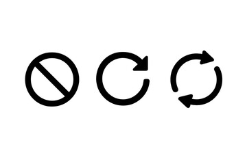 No change sign with refresh, reload, and sync icons. Vector icon set for concepts like update, cycle, replace, and prohibit. Simple flat glyph illustration for web or app UI.