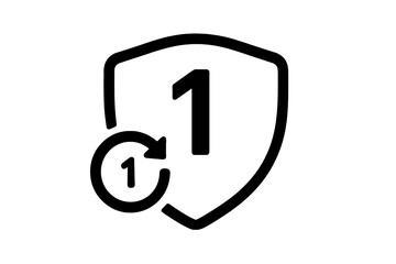 One year warranty icon. 1 year guarantee symbol. Shield with number one. Security, protection, and reliability badge. Single use concept. Countdown, timer, or deadline vector.
