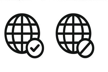 Online and offline icons set. Globe symbol for internet connection status. Vector concept for web access, connectivity, network availability, and no signal error.