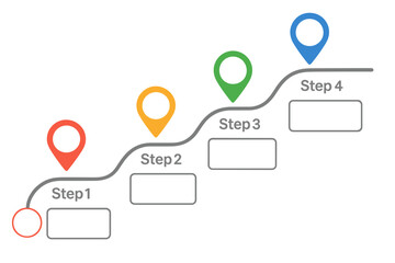 Roadmap timeline infographic template with 4 colorful location markers and step-by-step path guide, vector illustration with transparent background, ordered process flow steps design for presentations