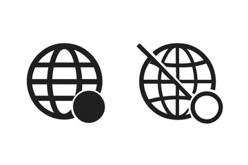 Online and offline icon set. Internet connection status symbol. Globe pictogram for web design. Vector graphic illustration of network access available and unavailable sign.