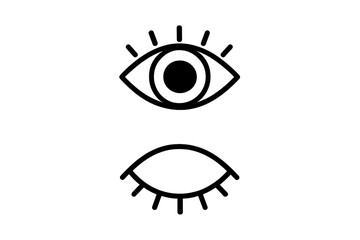 Open and closed eye icon set. Simple line art for vision, see, sleep, and awake concepts. Minimalist vector illustration for web and graphic design. Look and watch symbol.