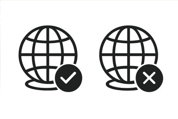Online and offline icon set. Internet connection status symbol. Globe with check mark and cross for web access. Vector for network availability and connectivity signal.