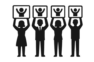 Business team with signs. Crew or staff icon. Company employee symbol. Group of people silhouette for teamwork, collaboration, or human resources concept vector illustration.