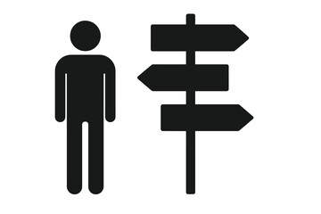 Past, present, future direction signpost with person icon. Crossroads concept of choice, decision, life path, opportunity, strategy, uncertainty, and alternatives. Arrow icon.