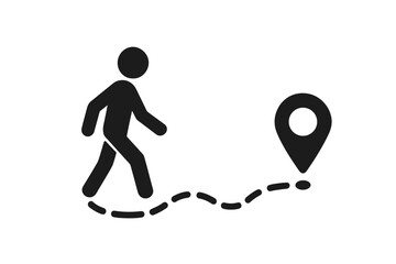 Person walking following path or GPS route icon vector illustration. Vector silhouette of a pedestrian with dotted route trail and location pin. Navigation, travel, GPS, walking route concept.
