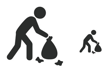 Person collecting trash icon. Man picking up garbage litter. Concept of cleaning, volunteering, and environmental care. Waste management and recycling symbol. Vector set.