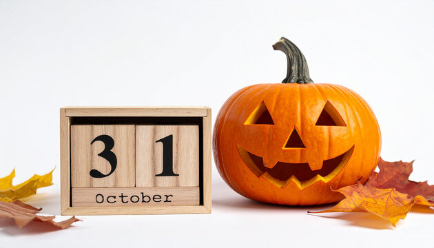 Halloween pumpkin and wooden block with text October 31st, calendar, festive composition.