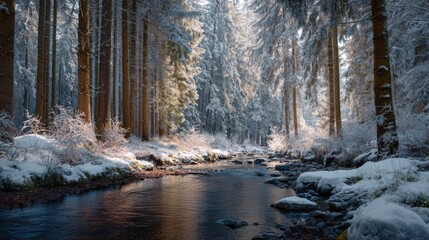 Pristine forest landscape in winter snow-covered trees icy stream crisp air soft sunlight filtering through perfect
