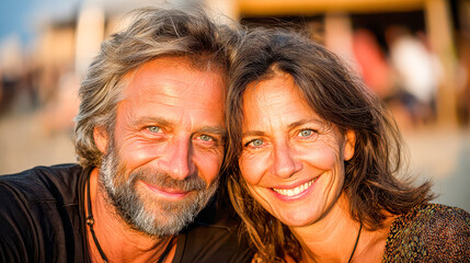 Couple enjoys a joyful moment together on a sunny beach during a golden hour in summer, capturing the essence of love and happiness