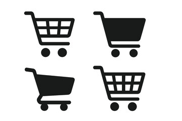 Shopping cart icon set, shopping trolley symbols collection, online business vector icons in black design, transparent background, ordered shopping cart silhouettes