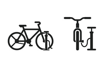 Bicycle tire pumping icon with bike side and front view, air pump symbol, vector illustration with transparent background and simple design for cycling and repair concepts
