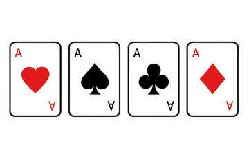 Set of Ace playing cards with heart, spade, club, and diamond suits. Poker symbols vector illustration. Classic card game icons with transparent background. Ordered playing card set.