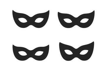 Fototapeta premium Theater mask icon collection silhouette. Masquerade party and carnival mask vector illustration set with black mask shapes on transparent background. Costume and disguise accessory design.