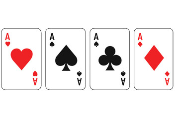 Set of Ace Playing Cards with Heart, Spade, Club, and Diamond Symbols. Poker Vector Illustration with Transparent Background. Classic Card Suit Icons, Ordered Poker Card Set.