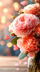 Romantic bouquet of pink flowers with heart decorations glowing in warm light