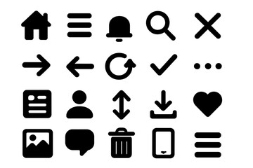User interface icon set, basic UI and UX solid icons design, vector symbol illustration collection with transparent background, navigation, actions, interface elements pack