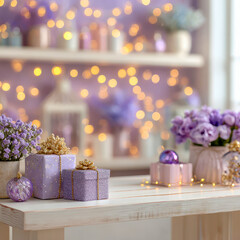 Beautiful setup with purple themed gifts and flowers creating a cozy atmosphere for a festive celebration