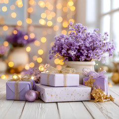 Celebrate joy with beautiful lavender flowers and elegantly wrapped gifts in a cozy setting filled with warm lights