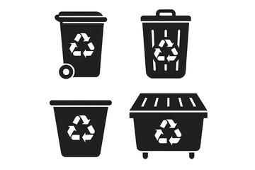 Waste sorting icon vector set with separate bins, trash cans, disposal containers, and recycling symbols for eco-friendly garbage management illustration