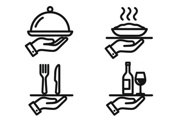 Waiter hand serving food icons set with serving tray, cloche, steaming dish, cutlery, wine bottle and glass, vector illustration, restaurant service, hospitality concept, transparent background