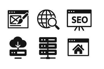 Website icon set including web design, internet, content management, SEO optimization, cloud hosting, server infrastructure, homepage, and e-commerce solid vector icons collection