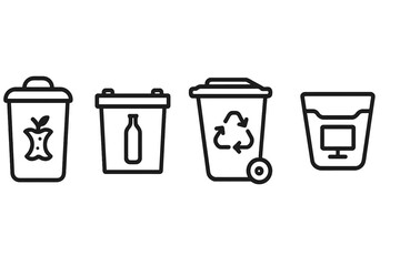 Waste sorting icon vector set illustration with separate bins for organic waste, glass recycling, general trash, and electronic disposal container, garbage separation symbols