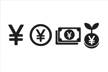Yen currency symbol and money icons set, financial investment concept, Japanese yen coin, banknote, growth and savings vector illustration with transparent background