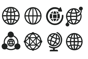 Worldwide Icon Set with Global, International Earth, Network Sphere and Globe Symbols, Solid Vector Collection, Universal World Map Elements for Technology and Communication Illustration