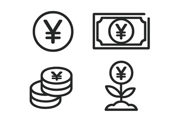 Yen currency icon set with yen coin, banknote, stack of coins and investment growth symbols. Financial concept vector illustration for money, finance, economy, savings, and investment themes.