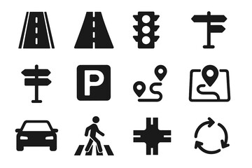 Road and Traffic Icon Set with Street, Highway, Traffic Light, Signpost, Directions, Parking, Route, GPS, Driving, Crosswalk, Intersection, and Roundabout Symbols in Solid Black Style