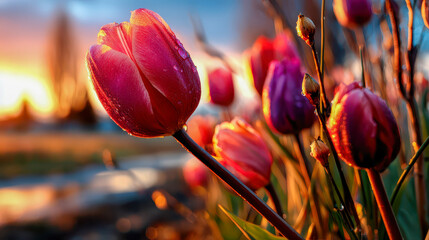 Vibrant tulips blooming at sunset showcasing nature's beauty in a peaceful garden setting