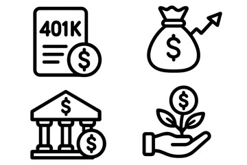 401k retirement savings plan vector icon set. Financial investment, pension fund, and money growth concepts. Banking, wealth accumulation, and future financial planning.