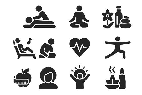 Wellness icon set for health and relaxation including massage, yoga, spa, meditation, exercise, diet, aromatherapy, wellbeing, stress relief, and holistic care symbols in solid vector design