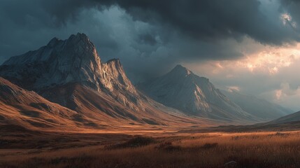 Epic landscape of towering mountains under a stormy sky golden light breaking through the clouds cinematic atmosphere