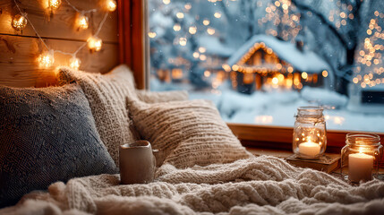 Cozy winter retreat with warm light and blankets overlooking a snowy landscape