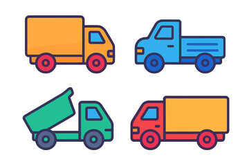 Colorful truck icon set, cargo delivery vehicles, dump truck and pickup with transparent background, transportation concept vector illustration, ordered design collection