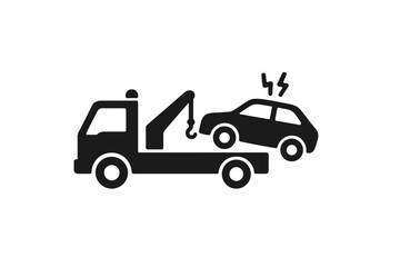 Fototapeta premium Tow truck carrying broken car icon, vector illustration of vehicle towing service, roadside assistance, damaged car transport, breakdown recovery, black silhouette on transparent background