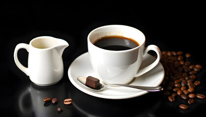Fototapeta premium Coffee cup with a chocolate on a spoon, coffee beans and a milk jug.