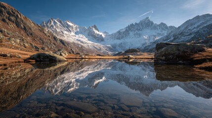 Epic landscape with a crystal-clear lake reflecting snow-capped peaks perfect symmetry tranquil